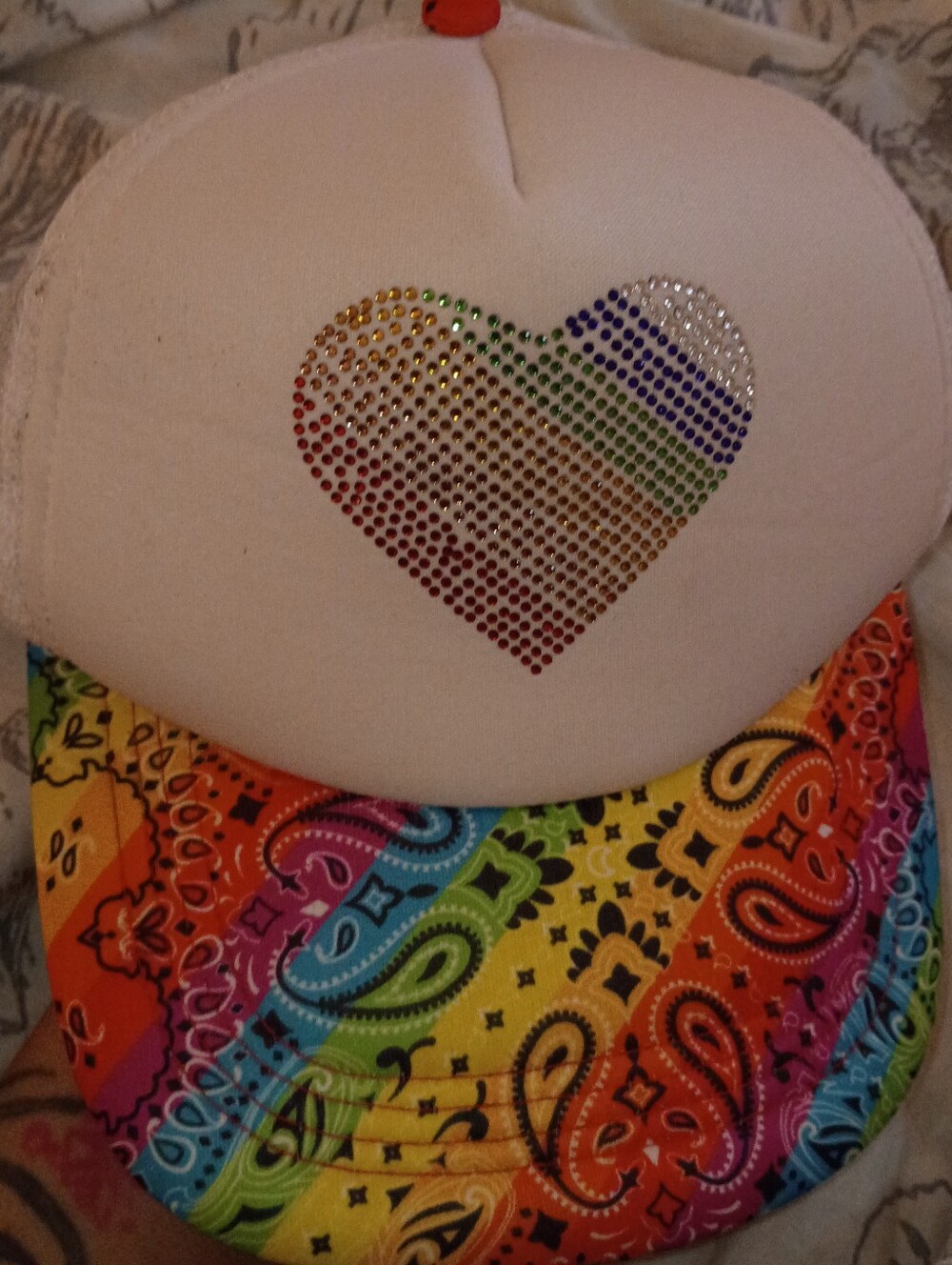 White Rainbow Heart Rhinestone Trucker Hat
